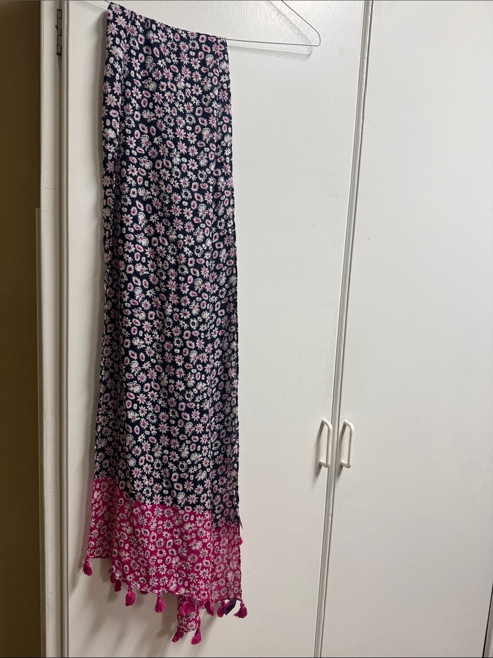 Rebecca Minkoff Navy Scarf with Pink Floral Border Tassels